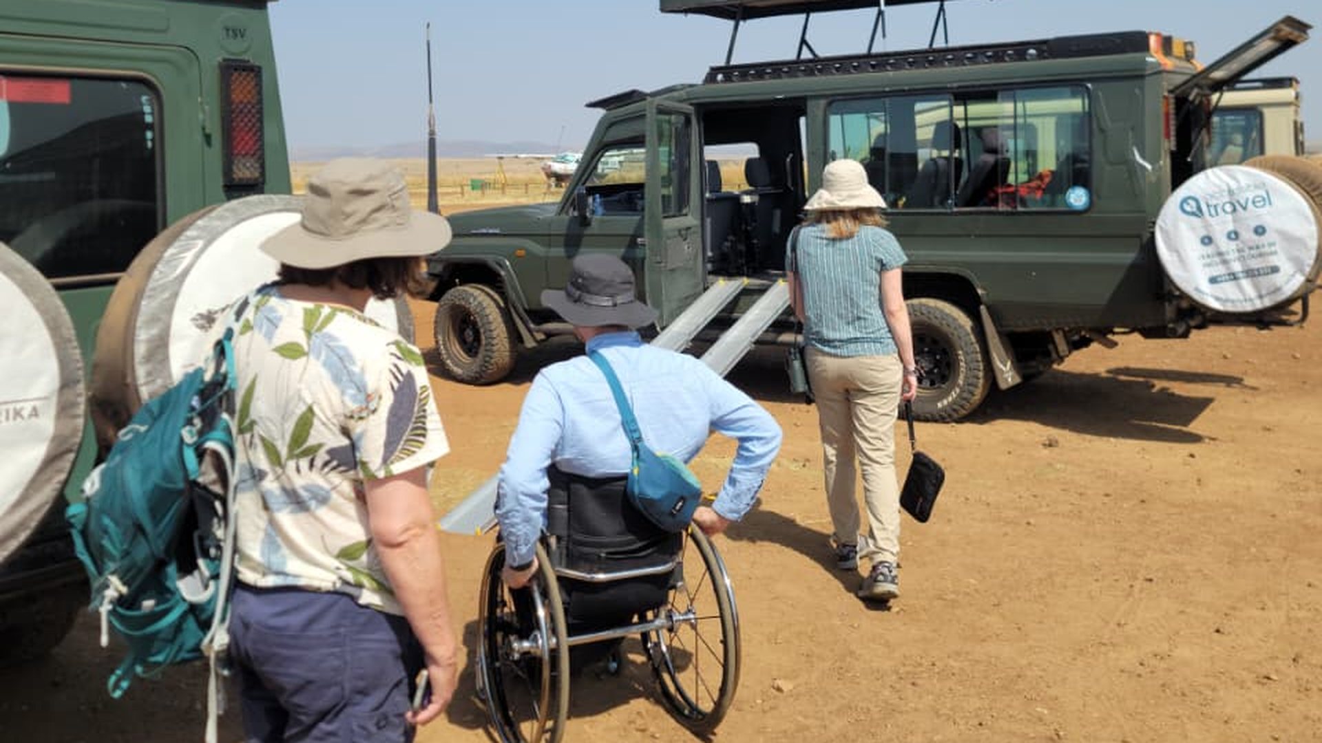 Safari vehicle at a bush airstrip in Tanzania